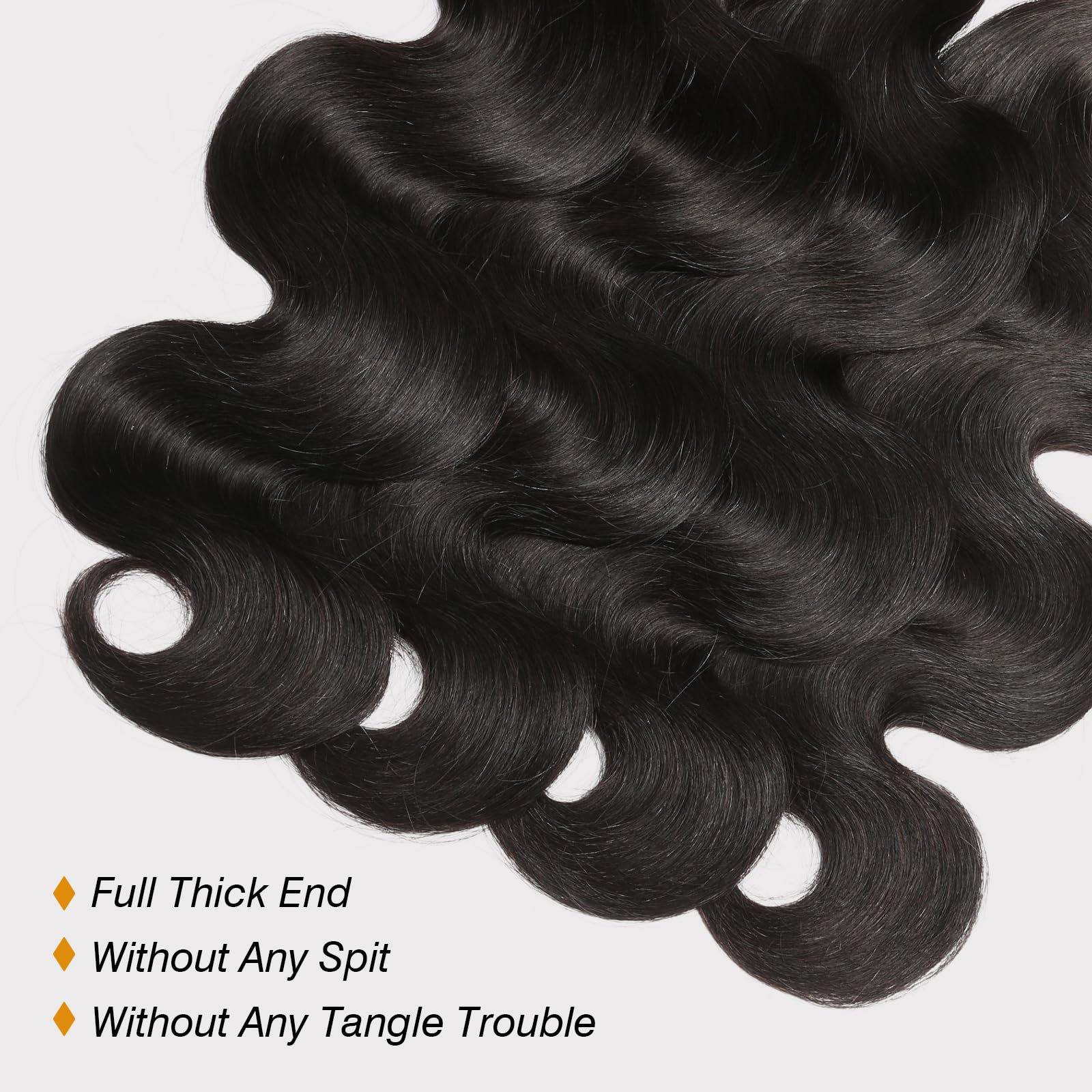 Side angle view of the thick healthy ends of BELE unprocessed body wave bundles