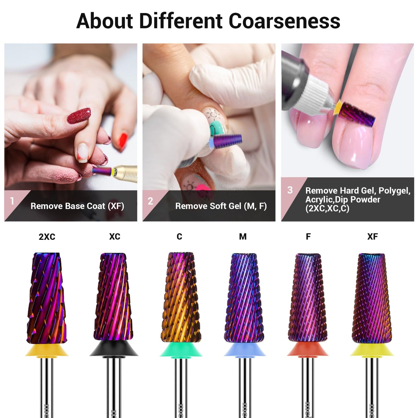 A professional demonstration of the MelodySusie 5 in 1 fine grit bit smoothing down an acrylic nail surface.