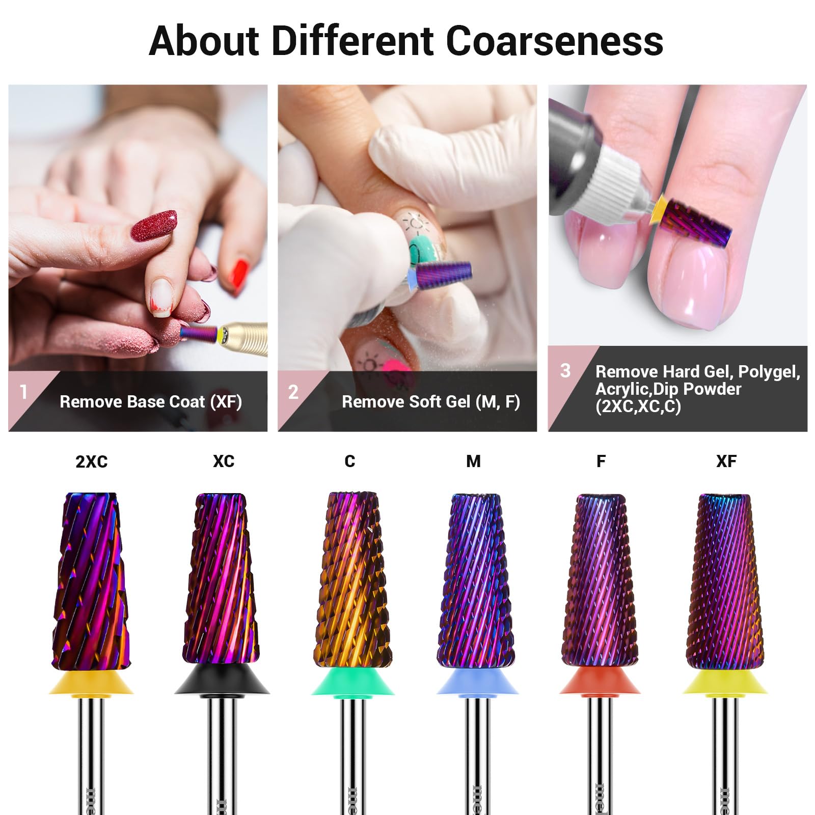 A professional demonstration of the MelodySusie 5 in 1 fine grit bit smoothing down an acrylic nail surface.