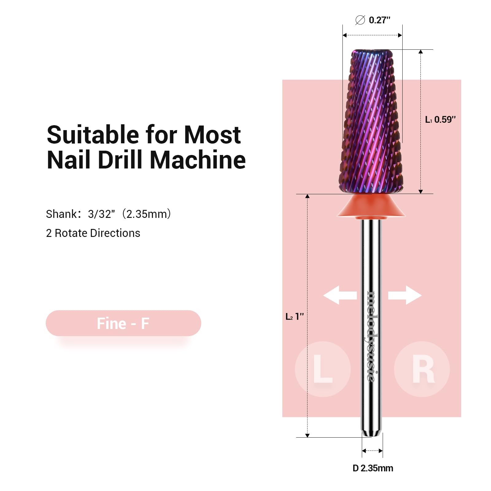Side view of the authentic MelodySusie purple series carbide bit highlighting the dual rotation design for left and right hand use.