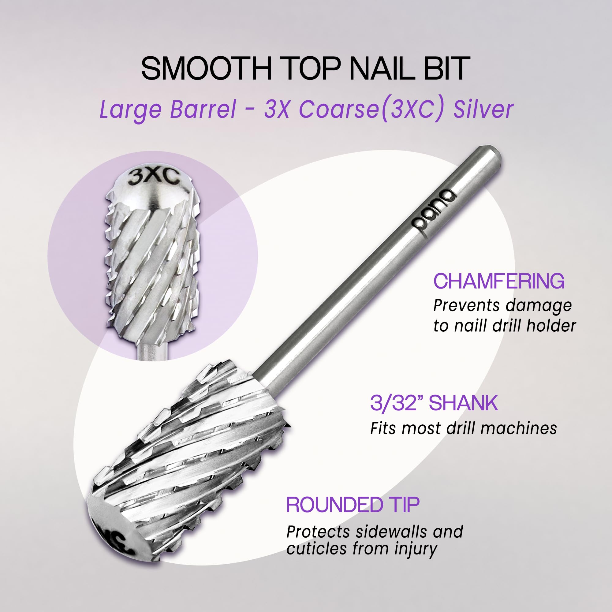Close up of silver coarse grit carbide nail drill bit