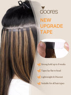 DOORES skin weft human hair extensions showing the transparent hypoallergenic tape construction details.