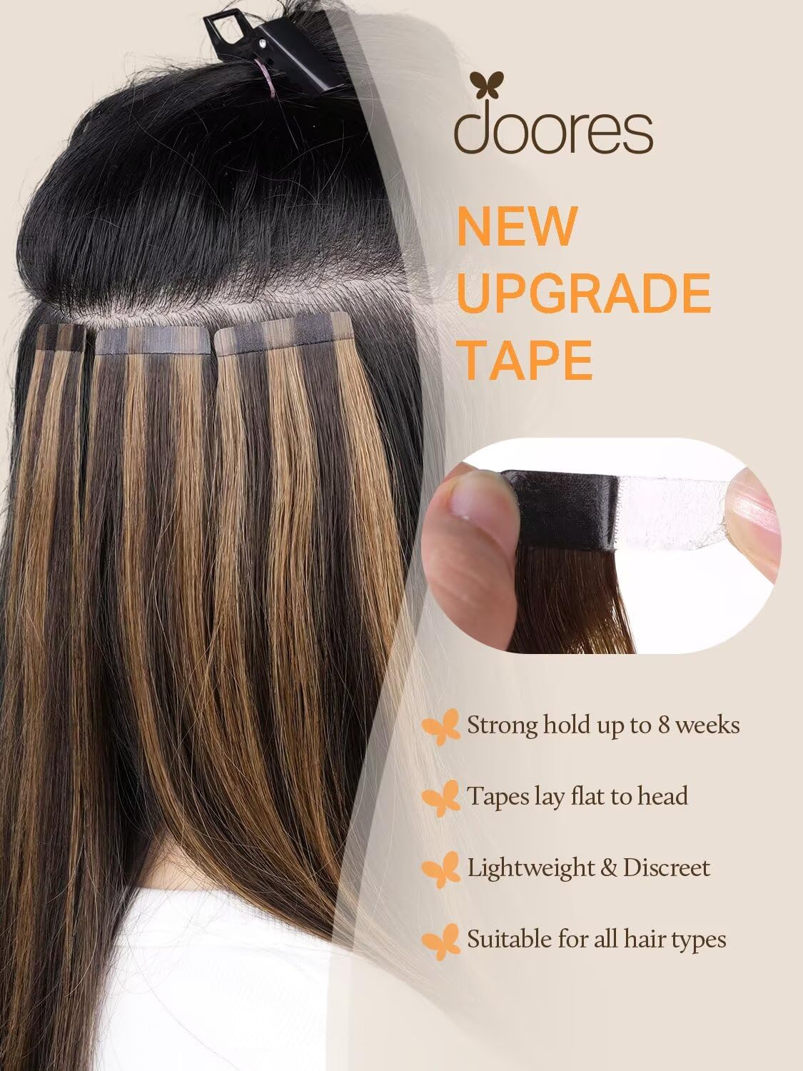 DOORES skin weft human hair extensions showing the transparent hypoallergenic tape construction details.