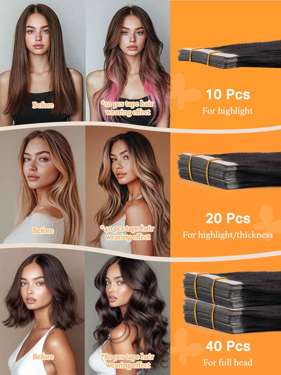 A set of twenty pieces of DOORES tape in hair extensions organized neatly to show the fifty gram volume.
