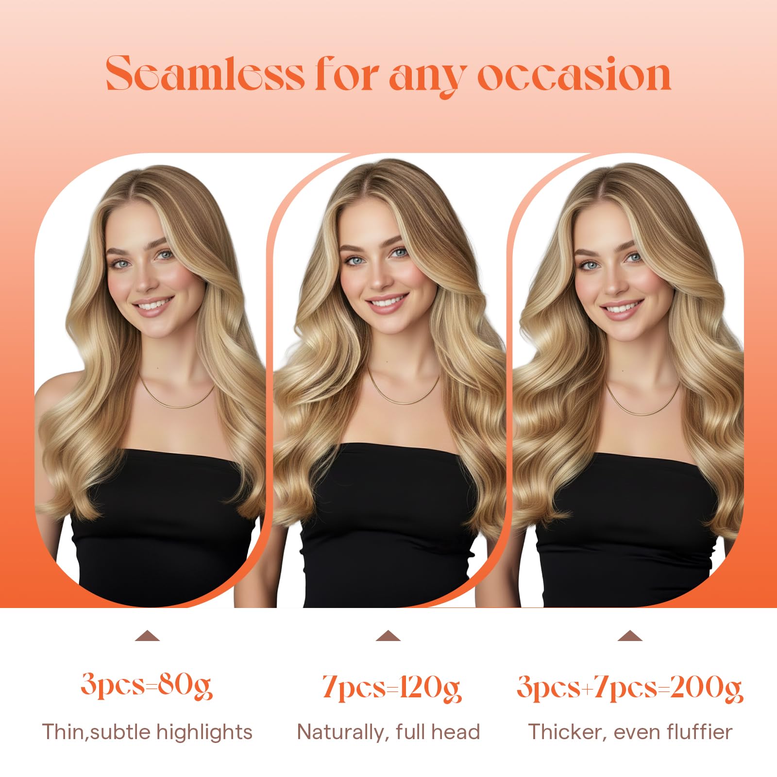 Straight full head clip in set with attached metal clips
