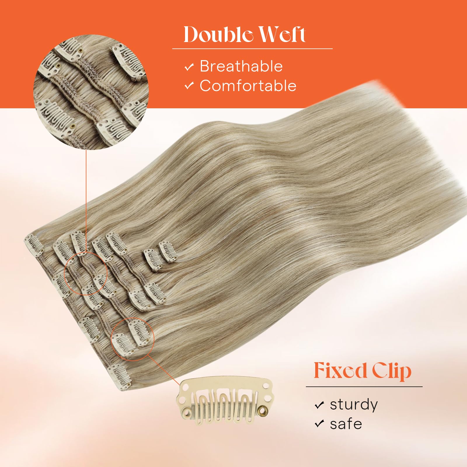 Silicone lined clips on the hair extension track detail view