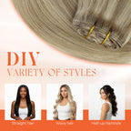 Multi tonal blonde hair extensions being prepared for installation