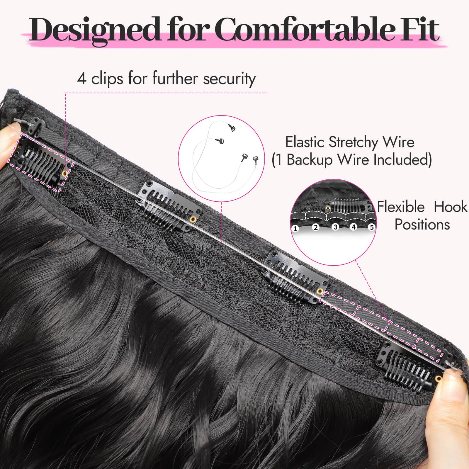 Close-up of the four secure clips sewn onto the weft of the black wavy hair extension