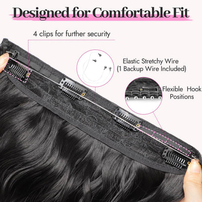 Close-up of the four secure clips sewn onto the weft of the black wavy hair extension