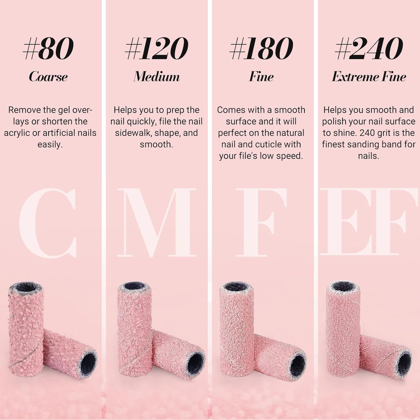 Top view of pink 180 grit sanding bands for manicure
