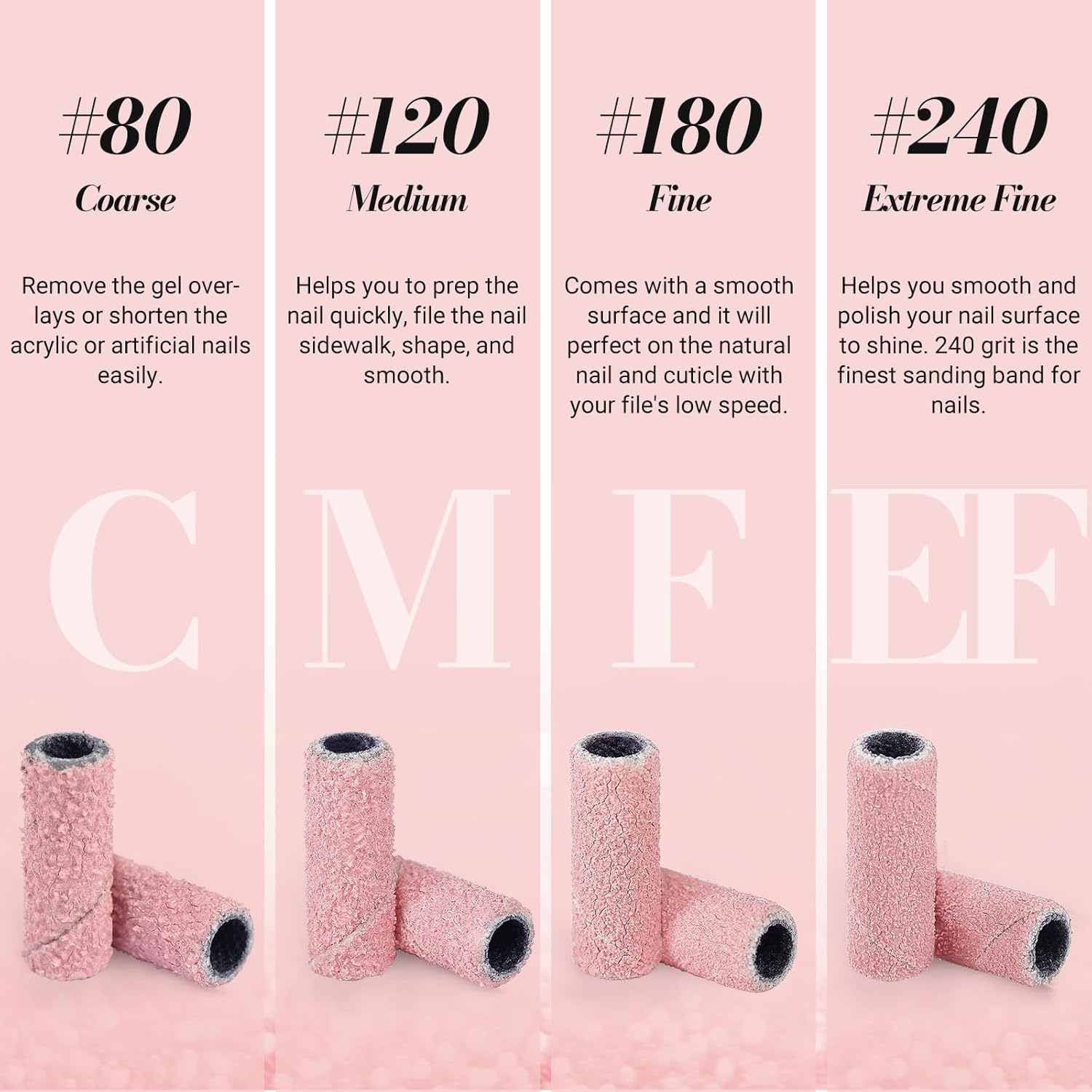 Top view of pink 180 grit sanding bands for manicure