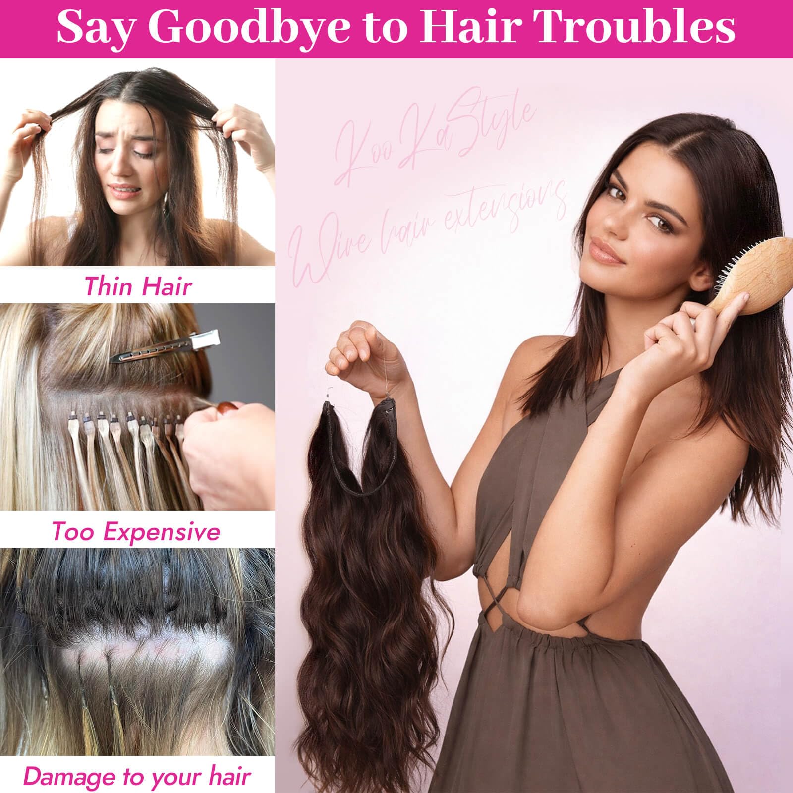 Side profile view of a woman wearing the 20 inch long black wavy hair extension for volume