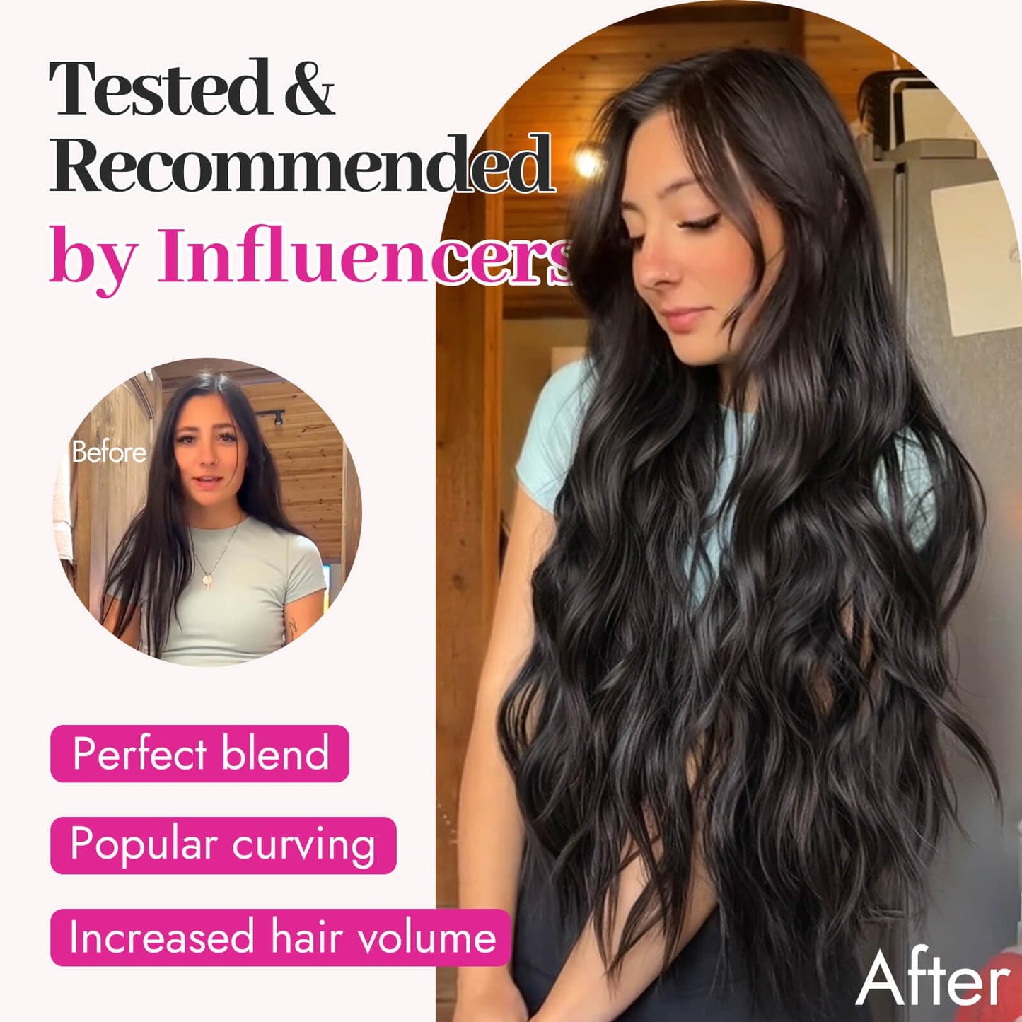 Before and after comparison using the KooKaStyle black wavy hairpiece for instant length