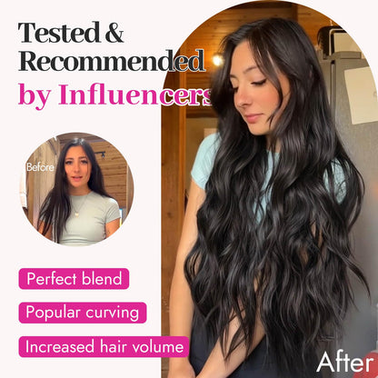 Before and after comparison using the KooKaStyle black wavy hairpiece for instant length