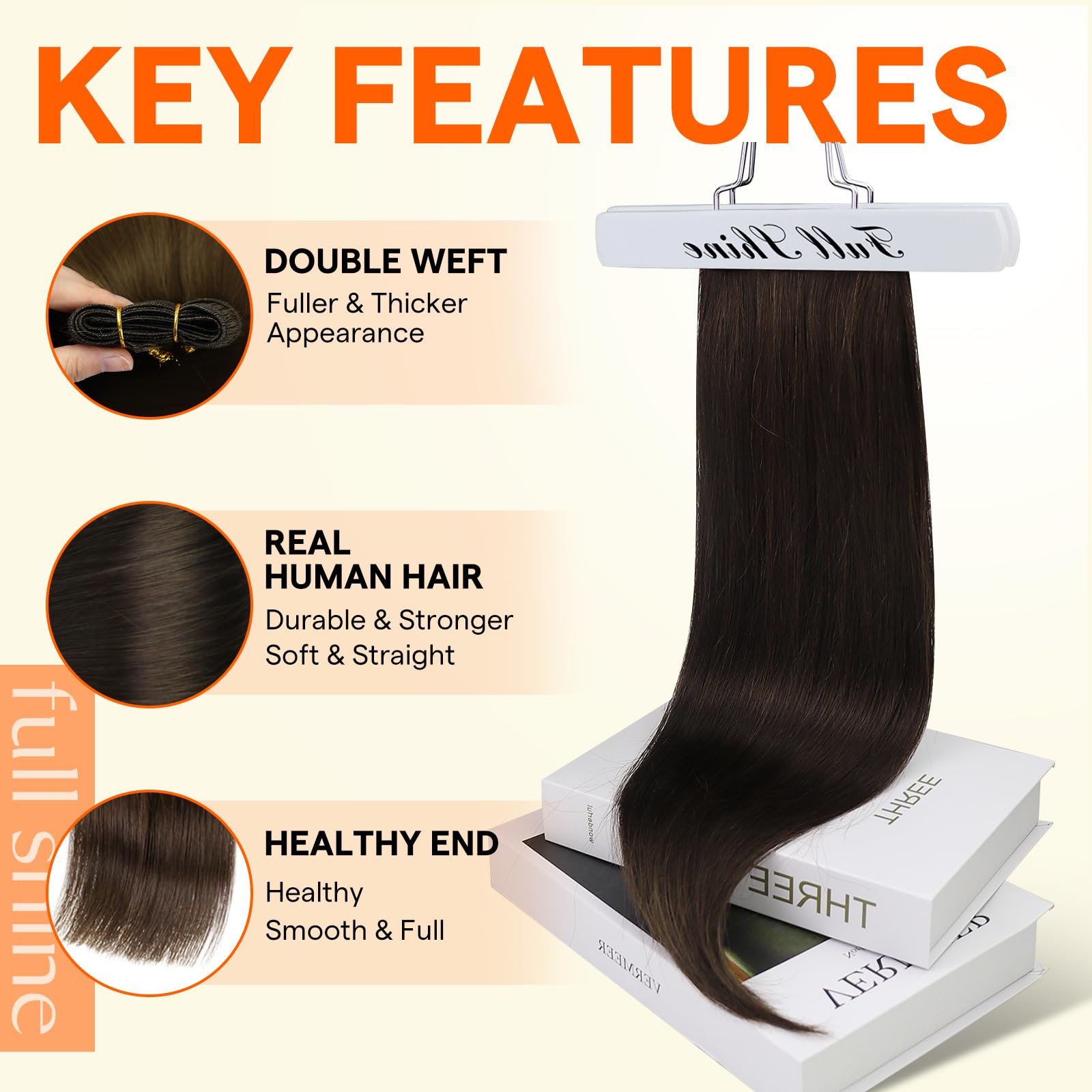 Full Shine 22 inch Remy hair weft extensions displaying the double weft stitching.