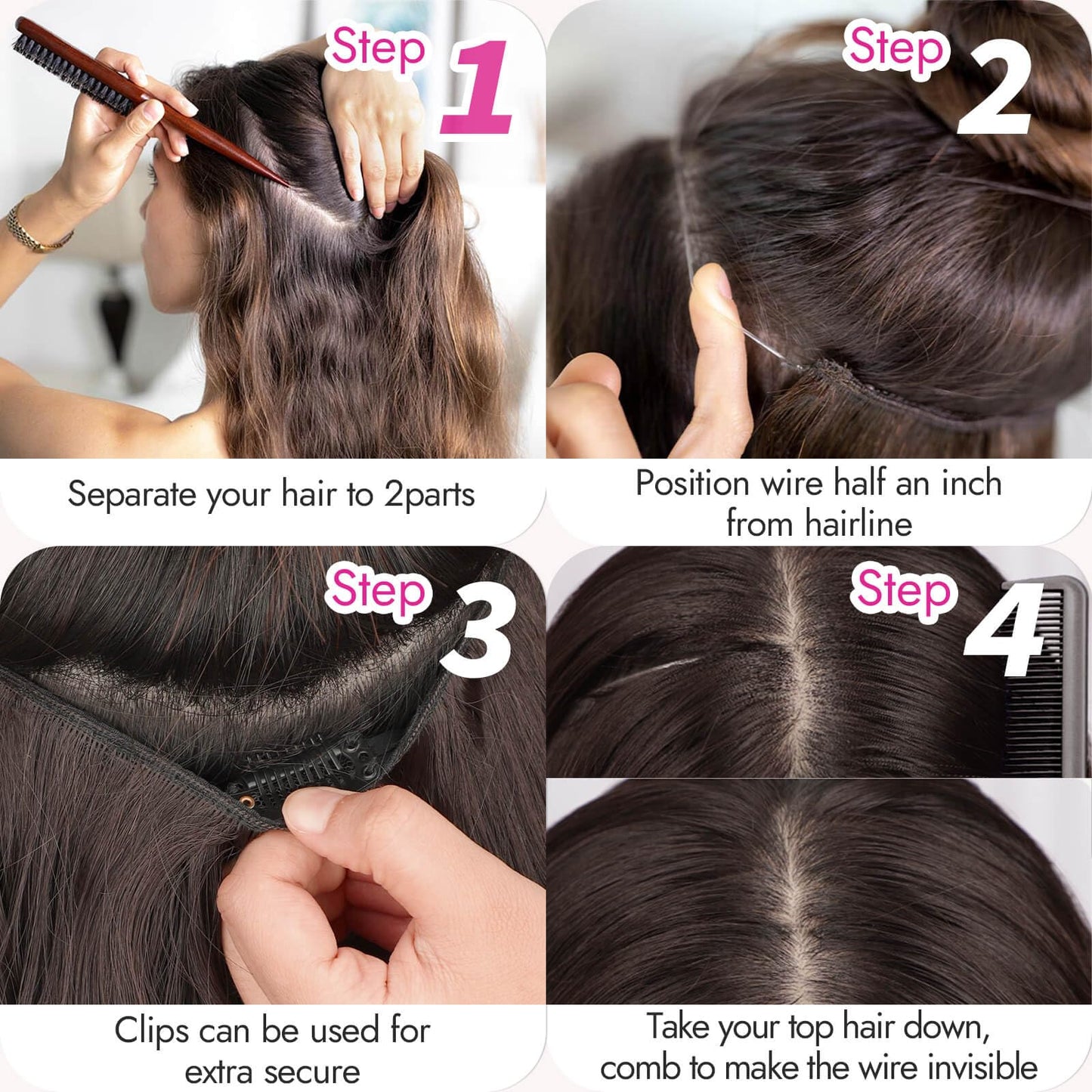 Texture shot of the premium heat-resistant synthetic fibers of the black wavy hairpiece