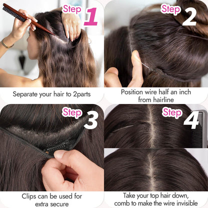 Texture shot of the premium heat-resistant synthetic fibers of the black wavy hairpiece