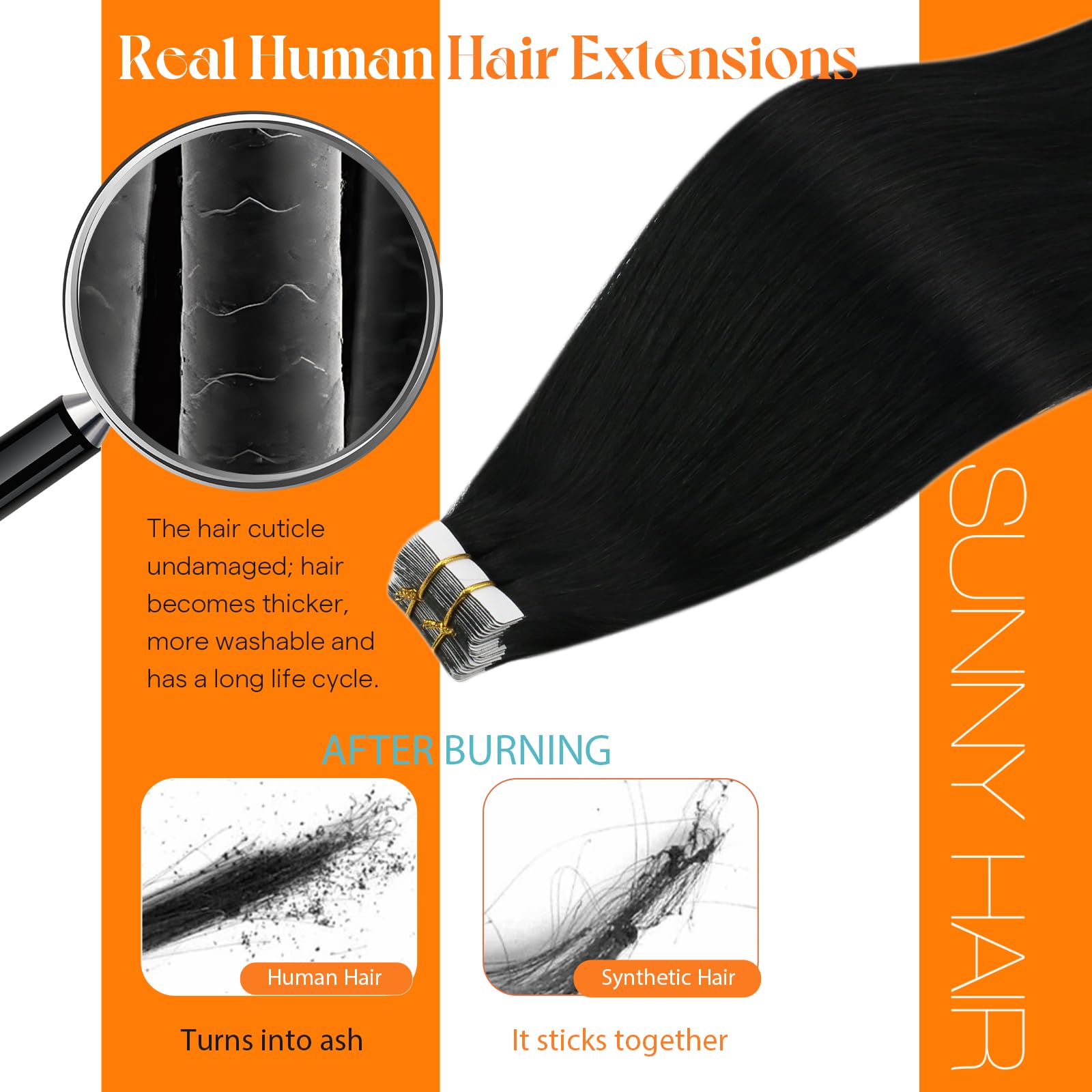 Sunny Hair jet black extensions laid out flat to demonstrate clean weft construction.