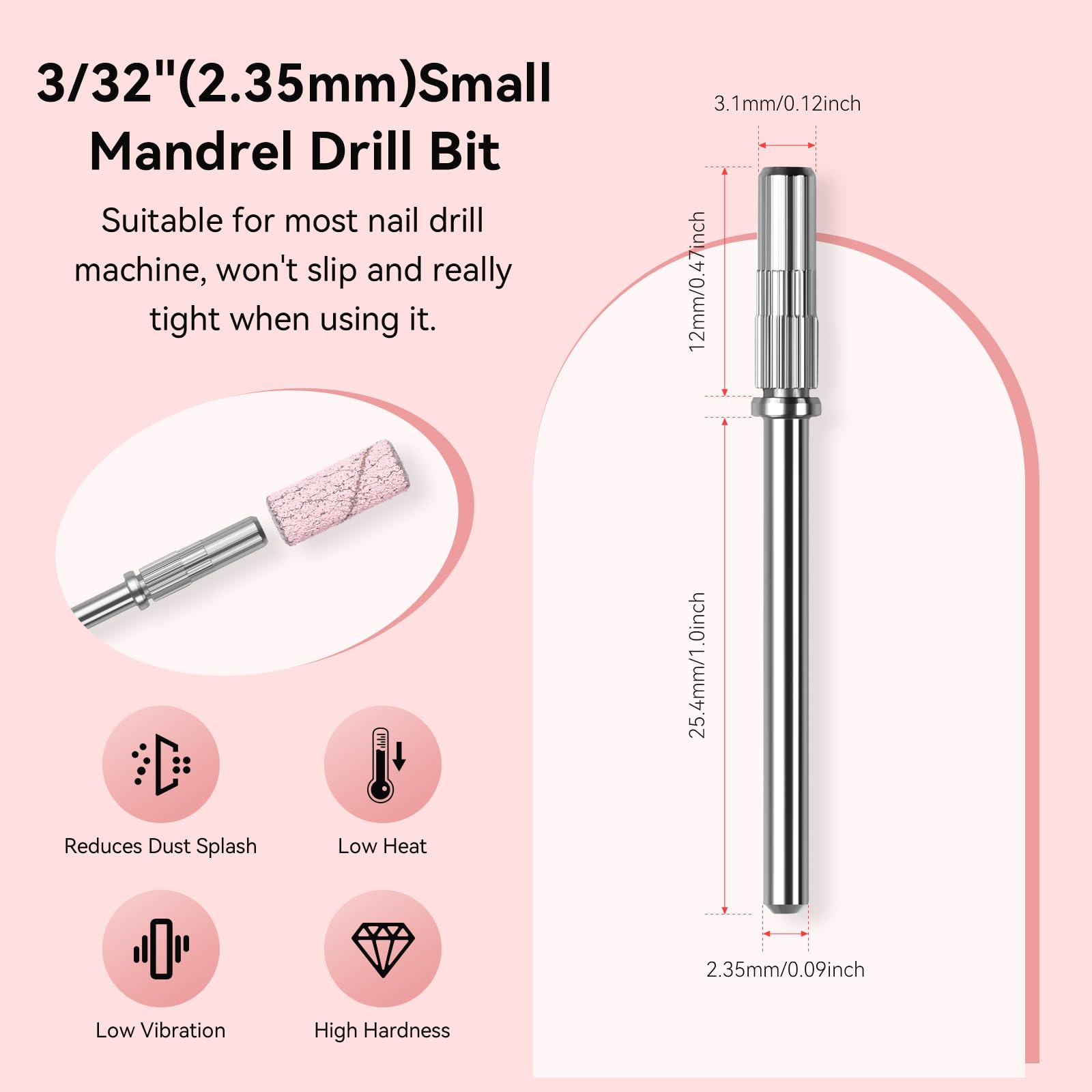 Detailed view of 3.1mm stainless steel drill bit mandrel