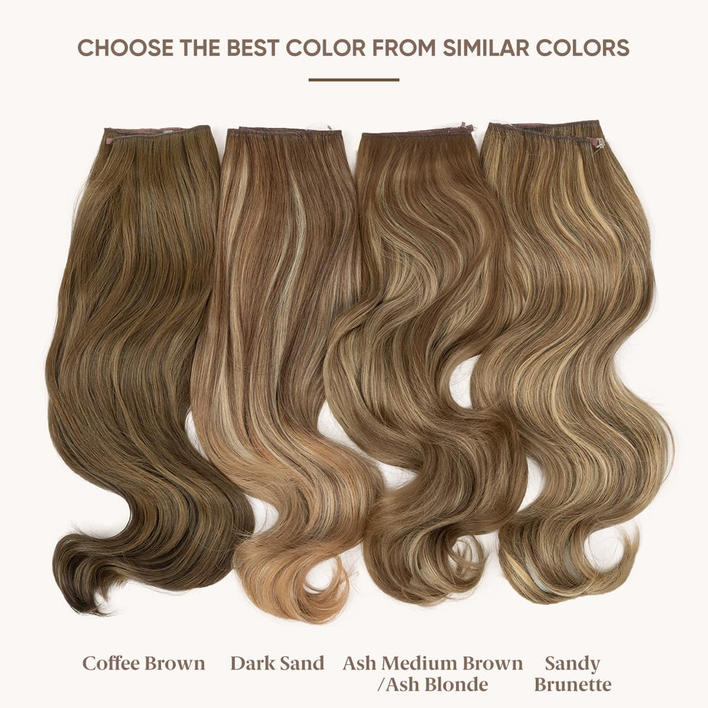 SARLA adjustable transparent headband hairpiece back view displaying eighteen inch long synthetic curly volume.