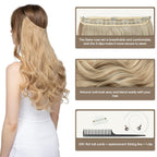 Close up of the three security clips on the SARLA synthetic halo hair extensions for damage free installation.