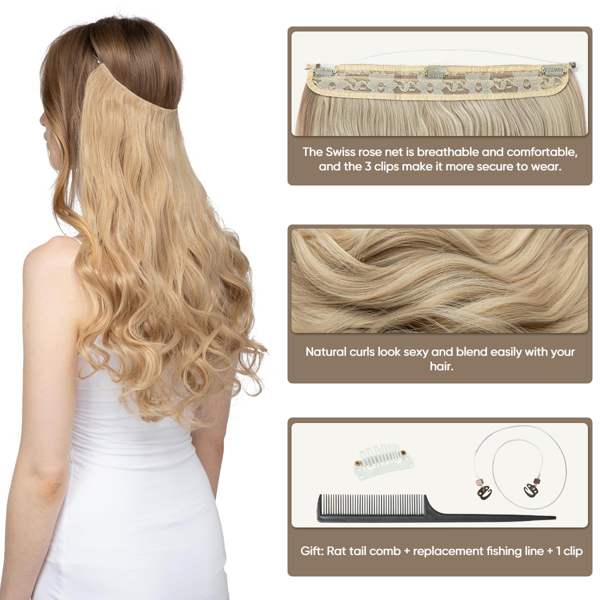 Close up of the three security clips on the SARLA synthetic halo hair extensions for damage free installation.