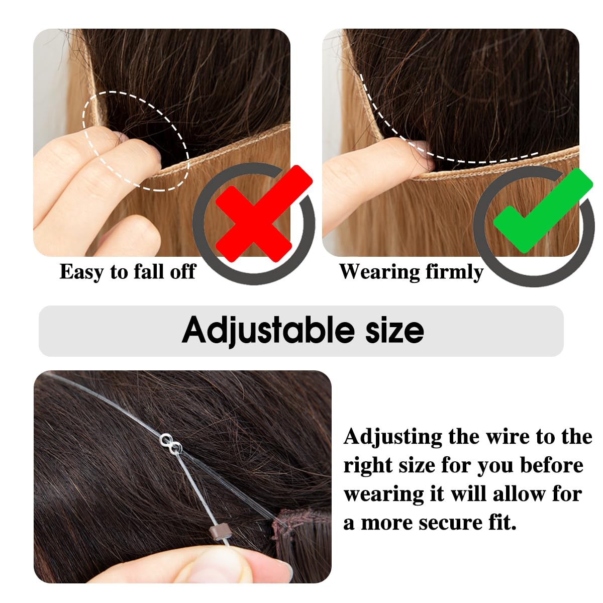 SARLA long wavy hidden halo hair extension being adjusted on a transparent wire for a customized fit.
