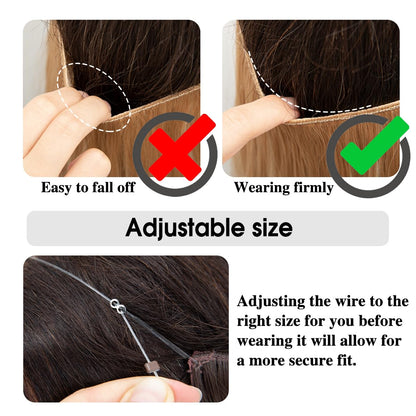 SARLA long wavy hidden halo hair extension being adjusted on a transparent wire for a customized fit.