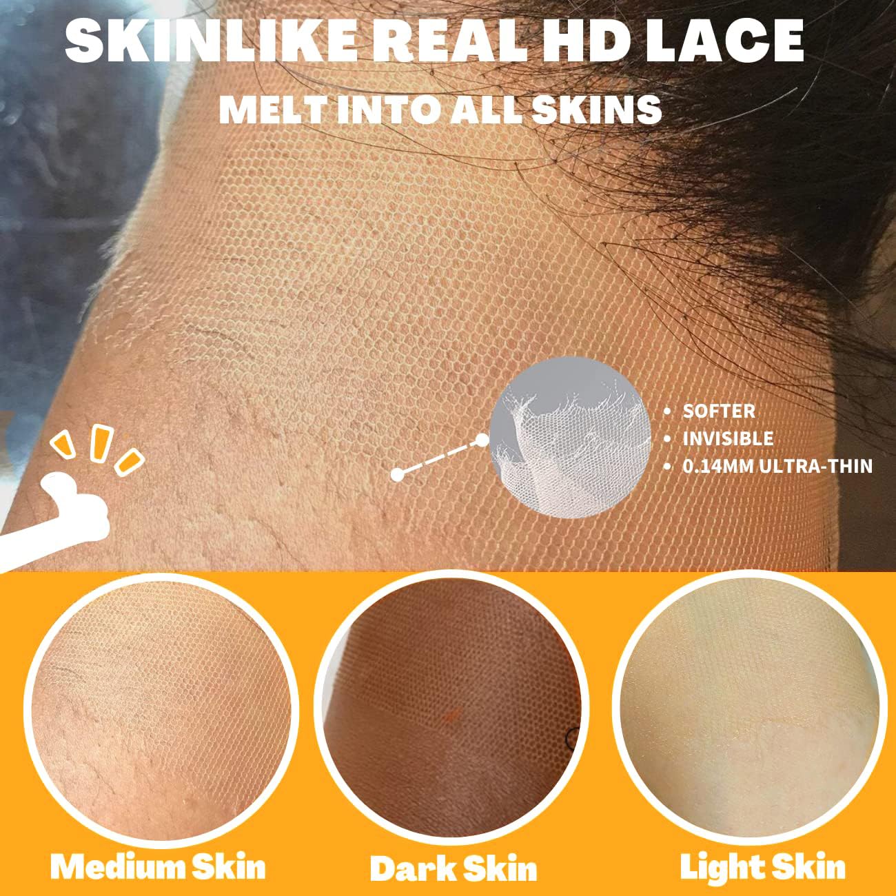 BEEOS skinlike real HD lace piece showing seamless blending against the skin scalp area
