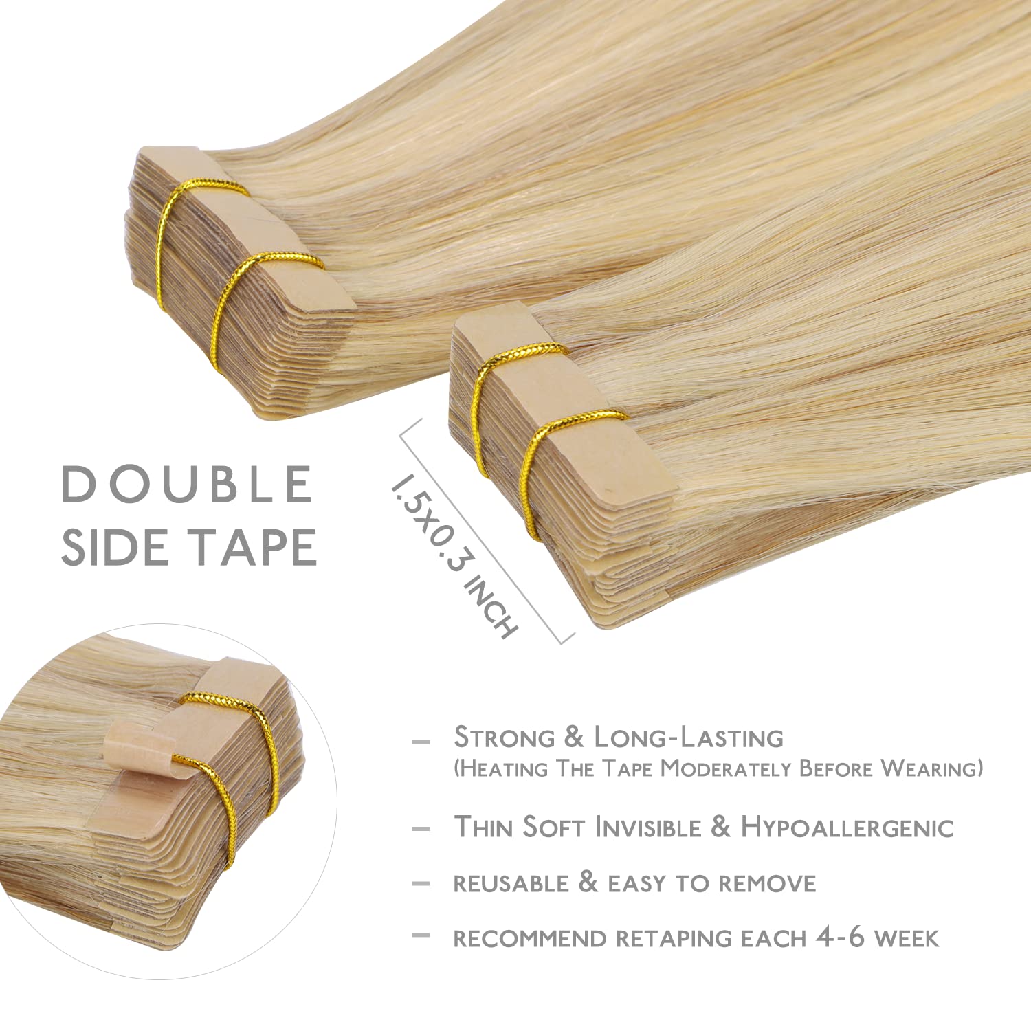 Detailed shot of the ultra thin skin weft adhesive tape on WENNALIFE blonde extensions.