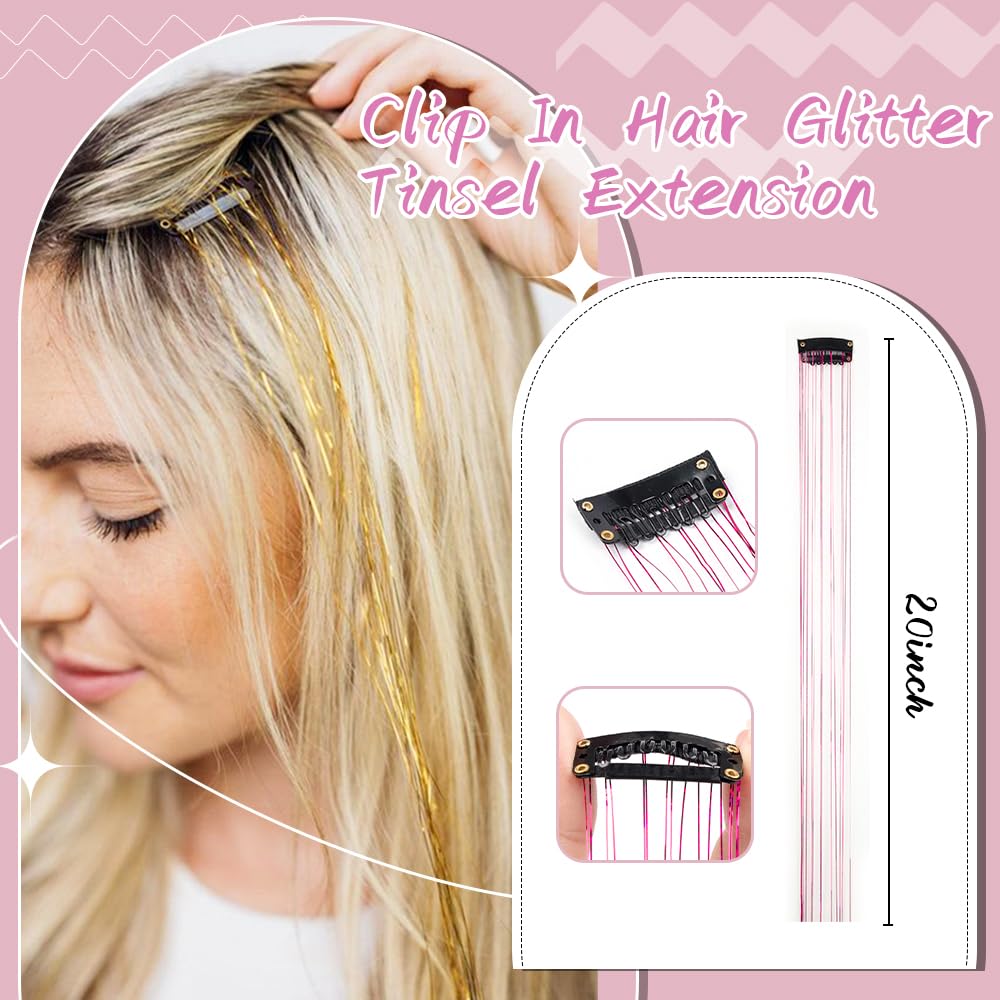 Twenty inch rainbow colored glitter hair extensions spread out to display vibrant shades.