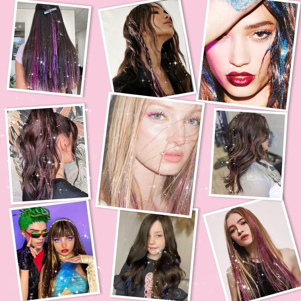 Model wearing D-DIVINE colorful glitter hair tinsel blended into a braided hairstyle.