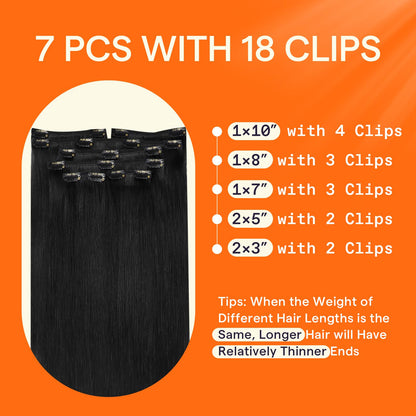 Full Shine 24 inch jet black hair extensions laid out to display the complete 120 grams set.