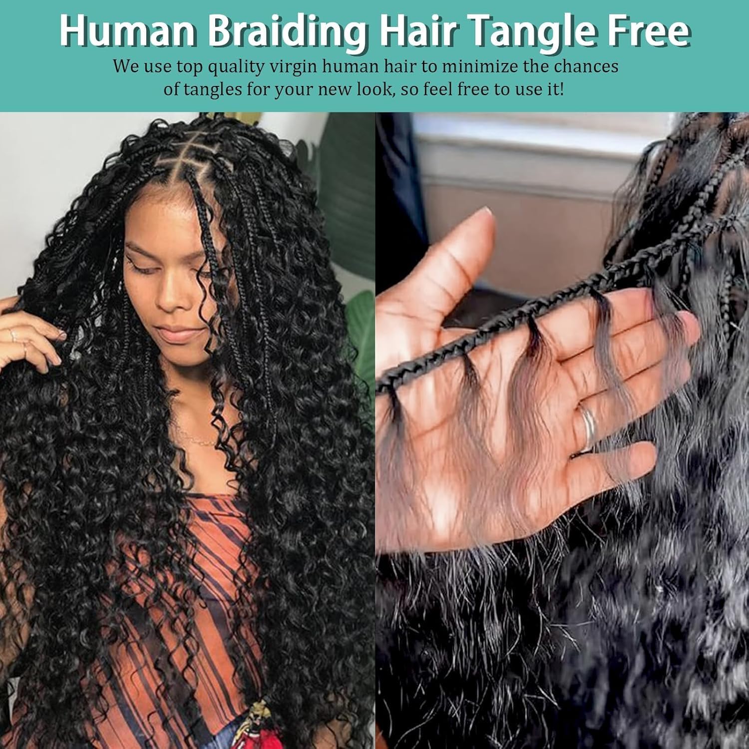 Unprocessed bohemian bulk human hair display showing three bundles of 20 inch extensions.