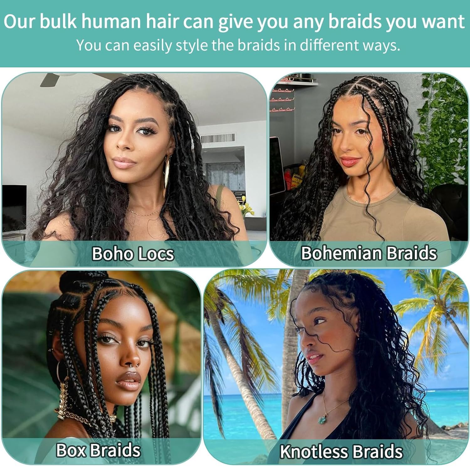 Model showcasing finished boho knotless braids using natural black deep wave braiding extensions.
