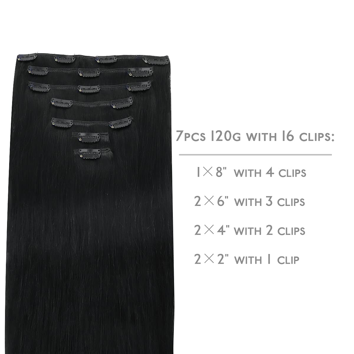 Wennalife Jet Black 18 Inch Remy hair extensions set laid out showing 7 pieces