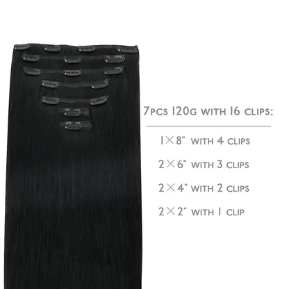 Wennalife Jet Black 18 Inch Remy hair extensions set laid out showing 7 pieces