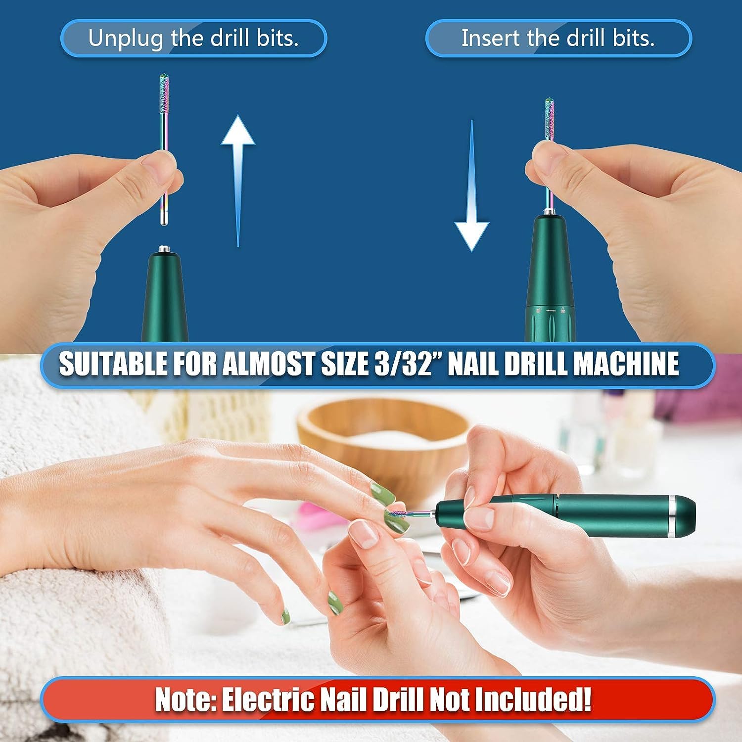 Rainbow finish diamond bits from the Depvko nail drill kit