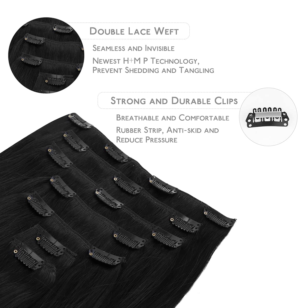 Close up of the secure silicone backed clips on the double weft hair extensions
