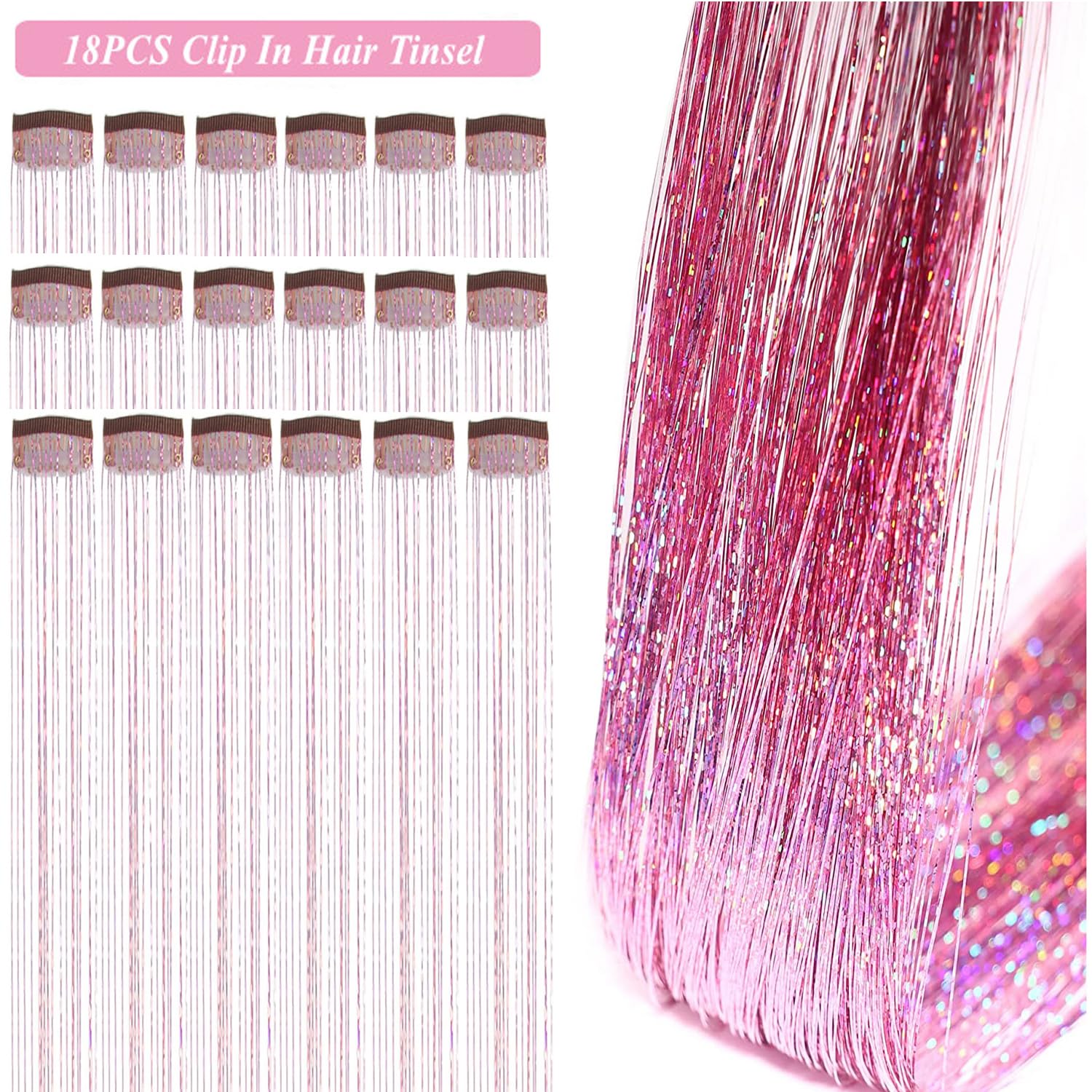 Close up of the damage free metal snap clip on pink fairy hair tinsel