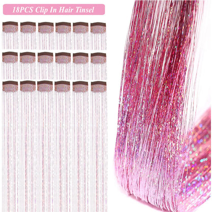 Close up of the damage free metal snap clip on pink fairy hair tinsel