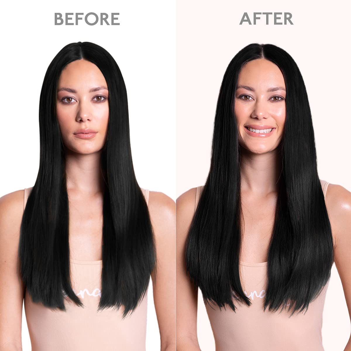 Detailed texture view of the straight premium Remy human hair in jet black