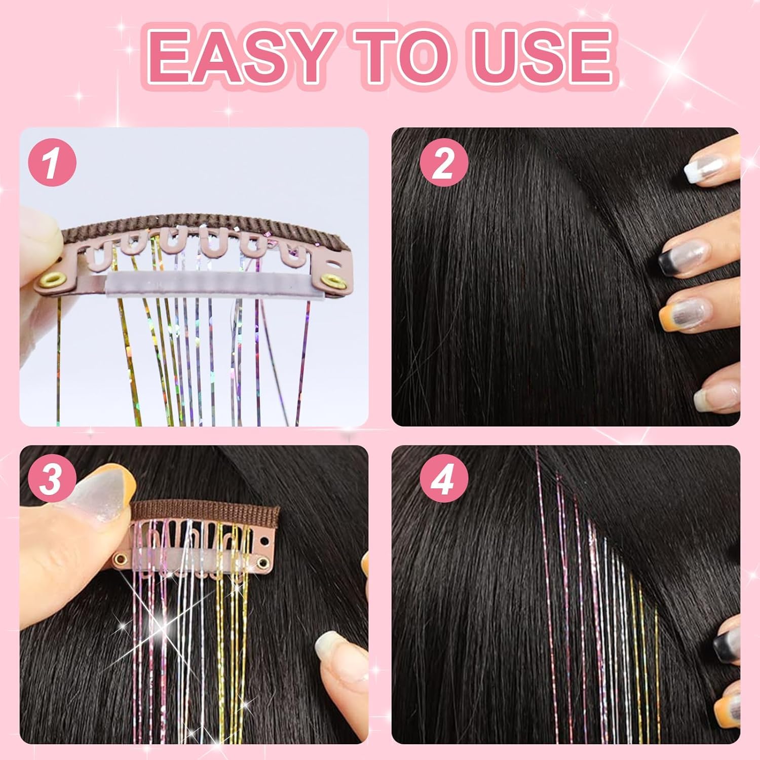 Demonstration of trimming heat resistant glitter hair tinsel with scissors to match length