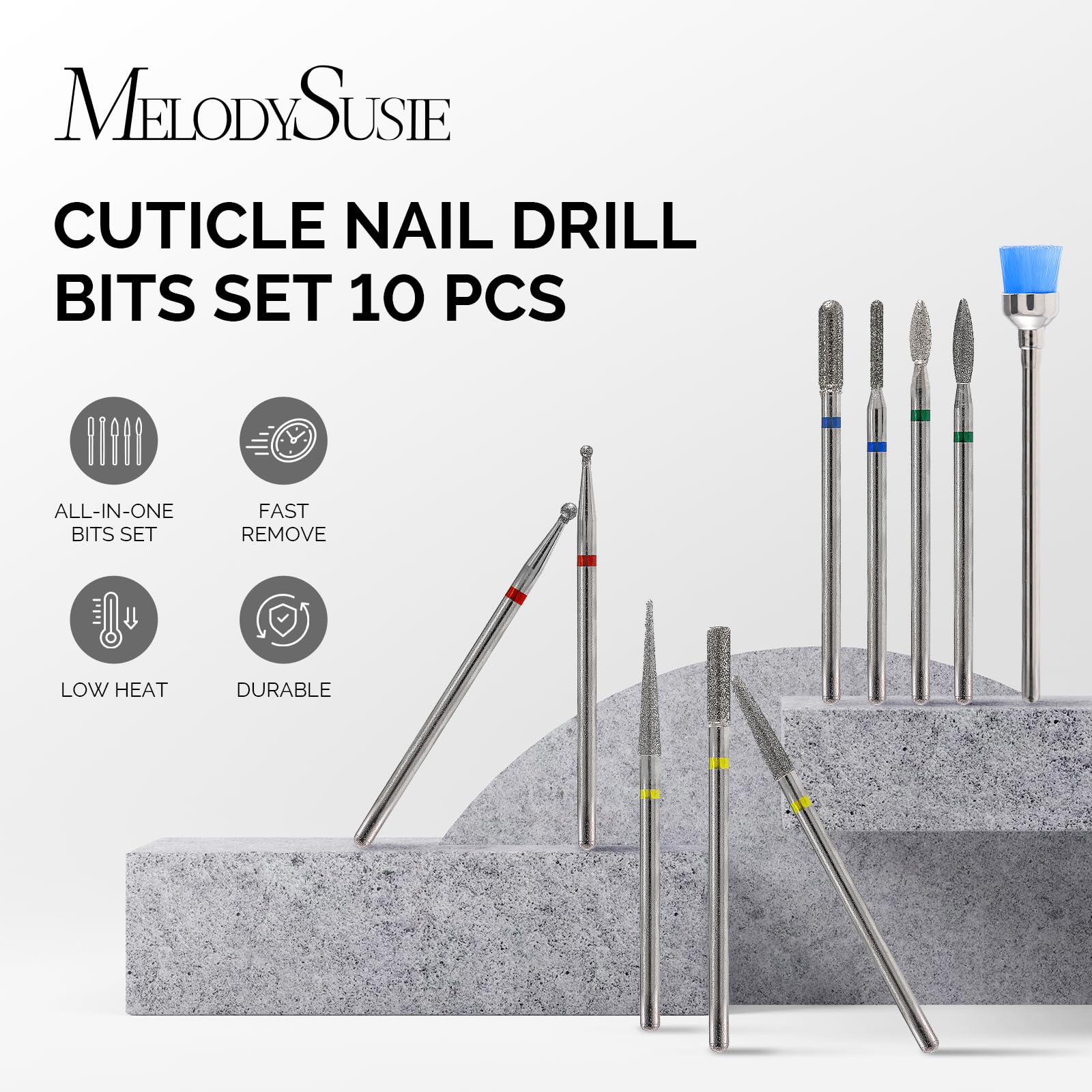 Close up of 10 piece diamond nail drill bit set