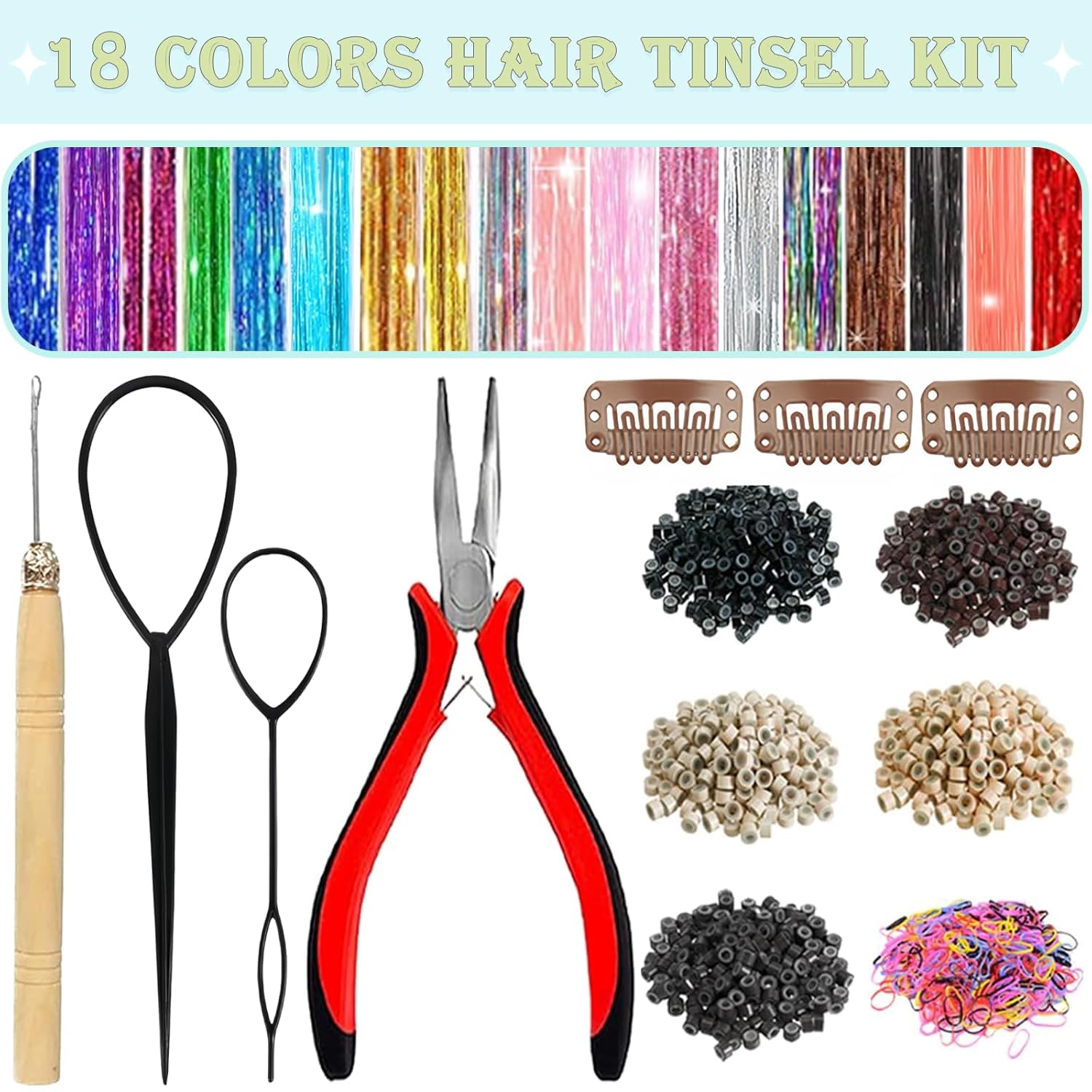 Fairy hair extensions kit with included pliers crochet hook and silicone beads