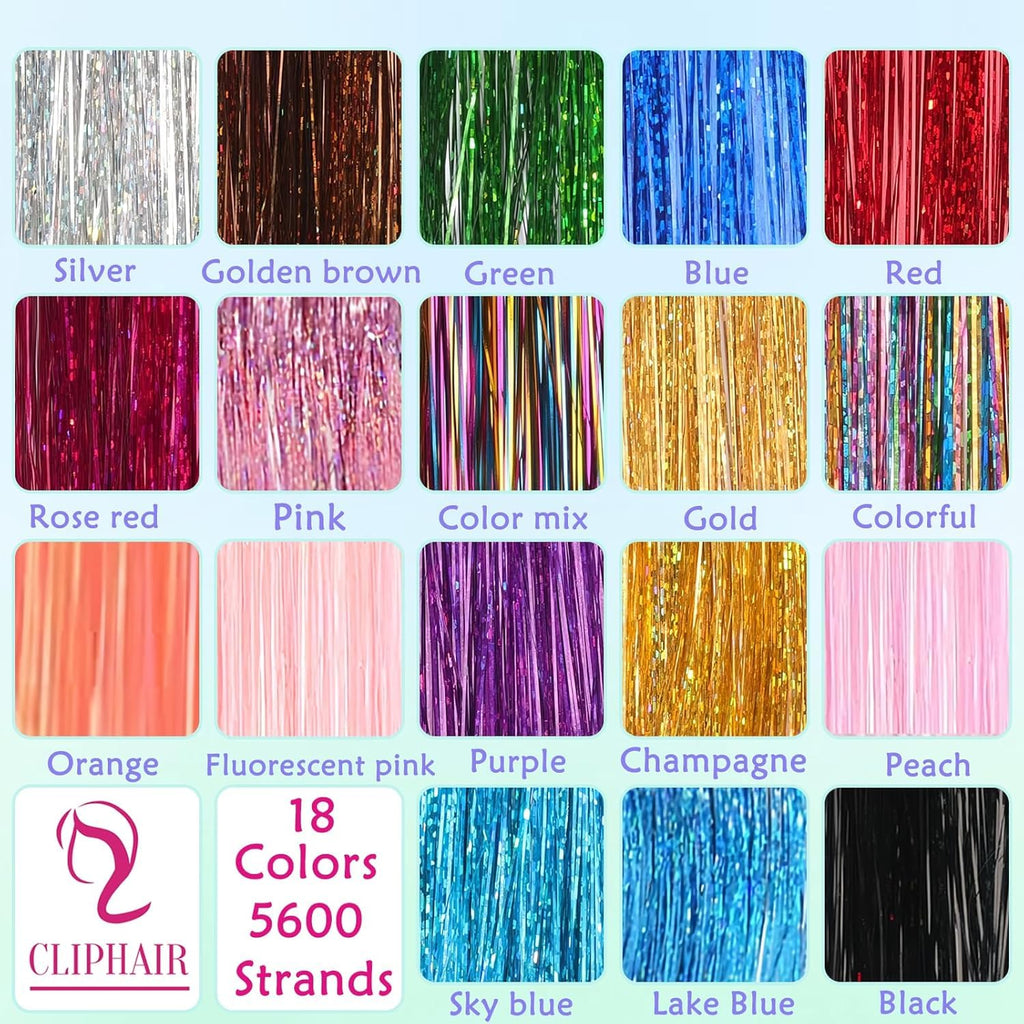 Heat resistant colorful hair glitter strands laid out by individual colors