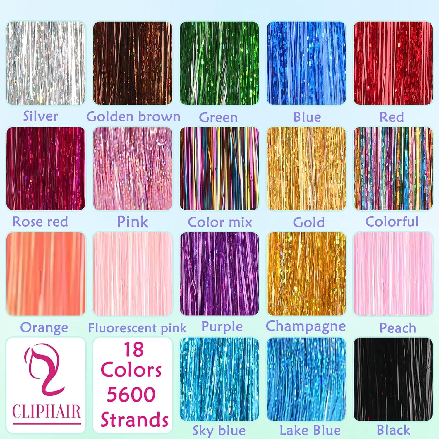 Heat resistant colorful hair glitter strands laid out by individual colors