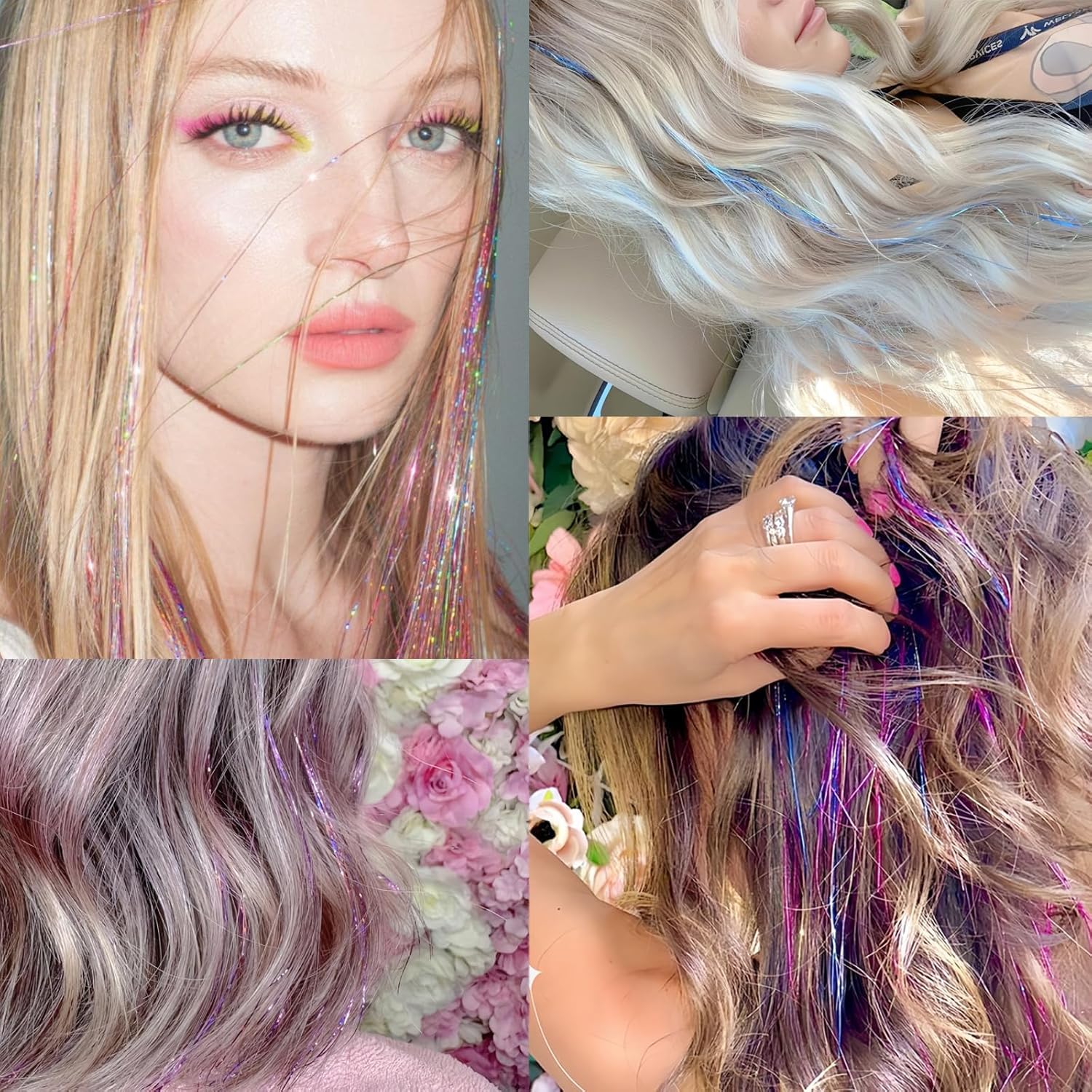 Sparkly metallic hair garland extensions showing holographic reflection under light