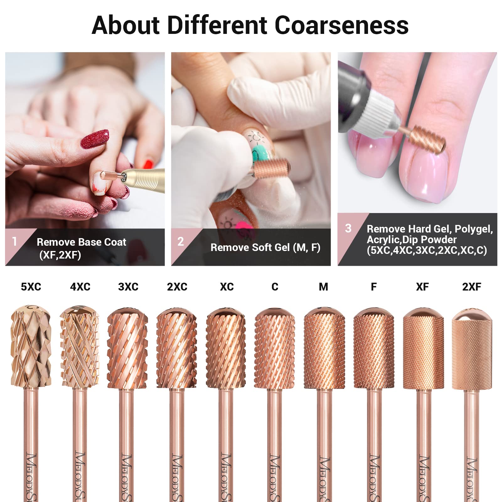 MelodySusie rose gold series bit s showing the precise cross teeth arrangement for smooth gel polish removal.