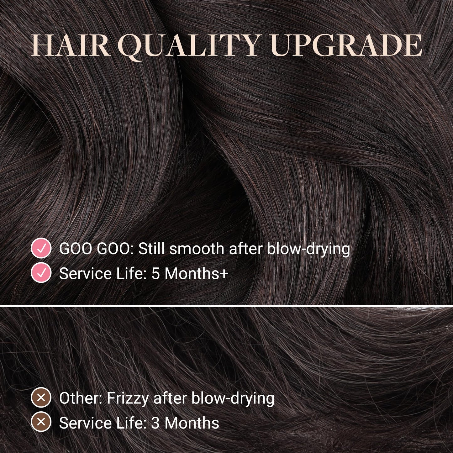 GOO GOO Remy Human Hair Extensions close up view displaying the silky straight texture and thick ends
